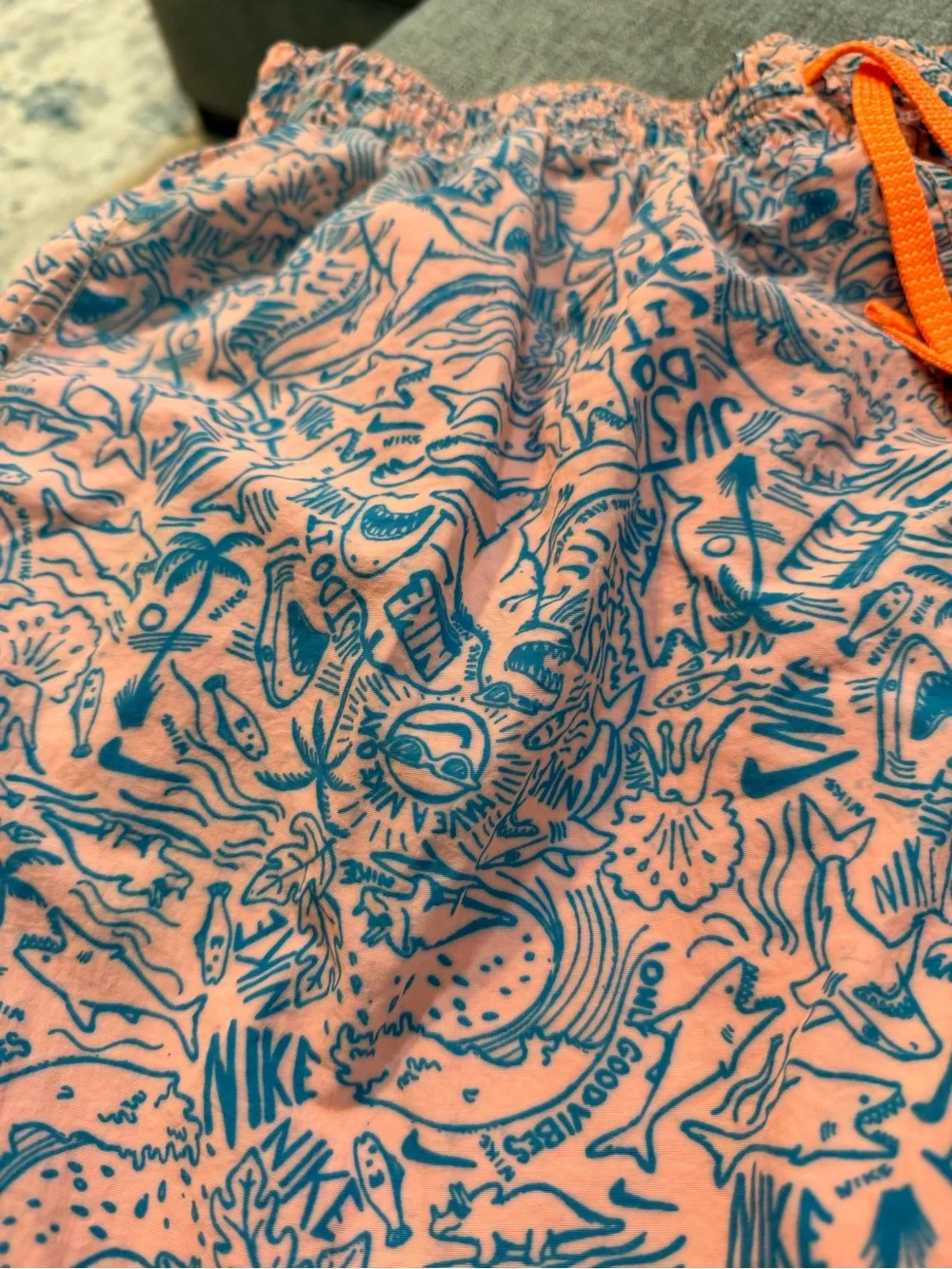 Nike Coral Swim Shorts with Blue Print and Orange Drawstring size XL 3 pockets
